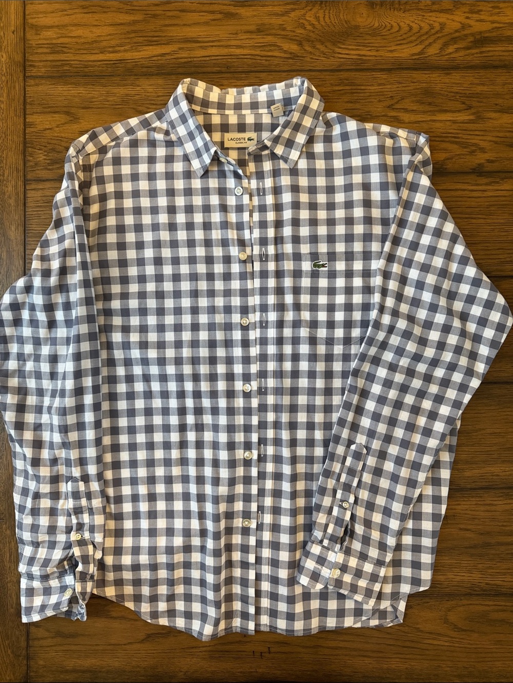 Lacoste Men’s Grey and White Gingham Button-Up Shirt
